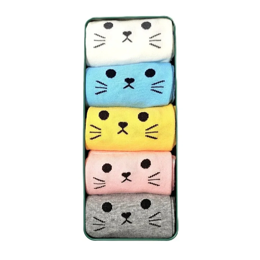 Jeasona 5 Pairs Cat Themed Face, Paws with Ears Sz 6-10 Crew Socks with Gift Tin